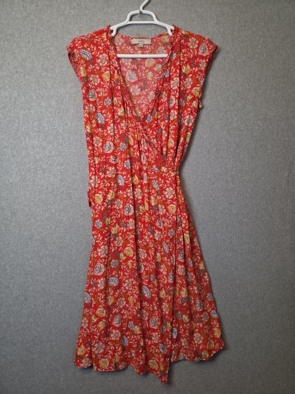 LOFT Orange Floral Sleeveless Midi Wrap Rayon Romantic Dress Women's 16 Lined